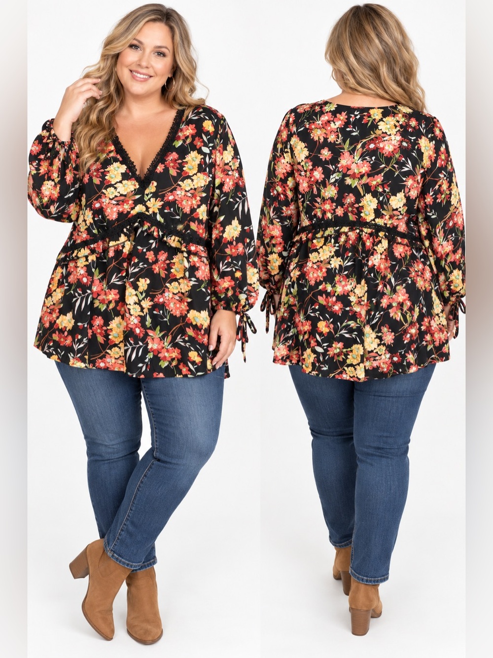 Suzanne Betro 2X Black Floral Boho Lace Trim Babydoll Tunic Blouse